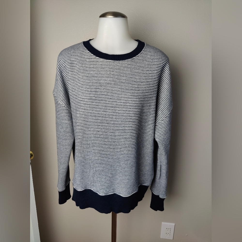 FRANK & EILEEN Striped Triple Terry Pullover Sweatshirt XS White Navy Blue